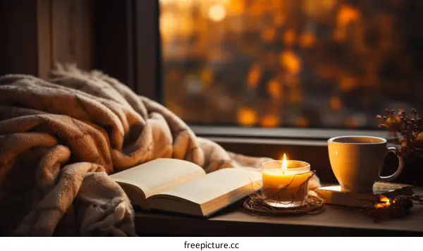 cozy home with candle, book and cup of tea