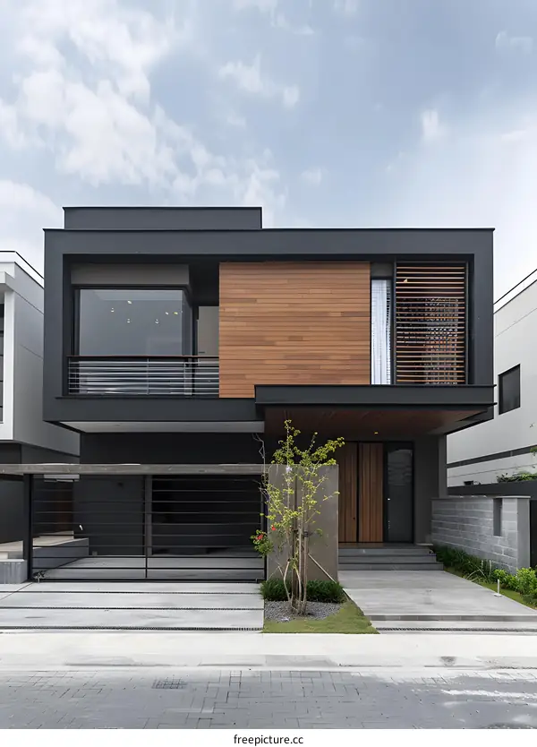Modern House with Wooden Facade and Black Windows