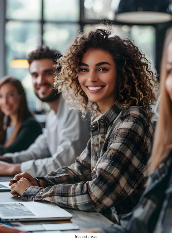 Smiling Woman Working with Team in Office