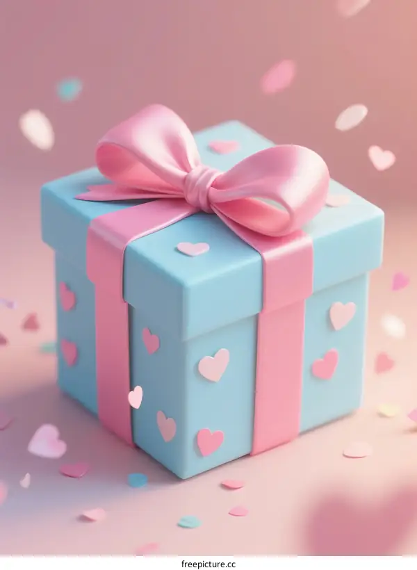 Blue Gift Box with Pink Ribbon and Heart Confetti