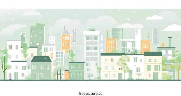 Green Cityscape Illustration with Minimalist Buildings and Trees