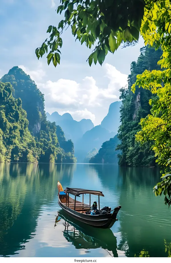 Serene Landscape with Mountains and a Boat on the Lake