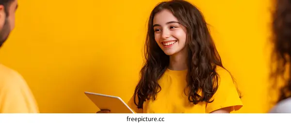 Happy Young Woman Holding a Tablet and Talking to Someone