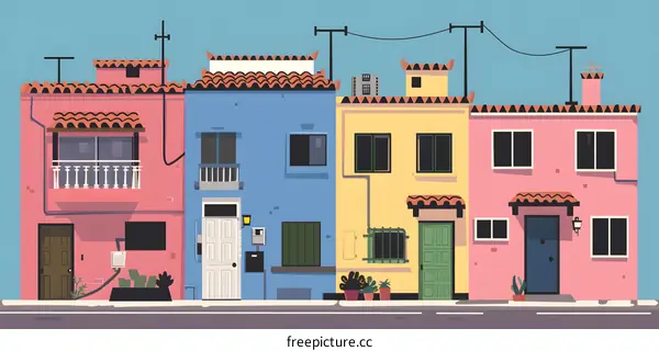 Colorful Houses on a Row in a Sunny Day