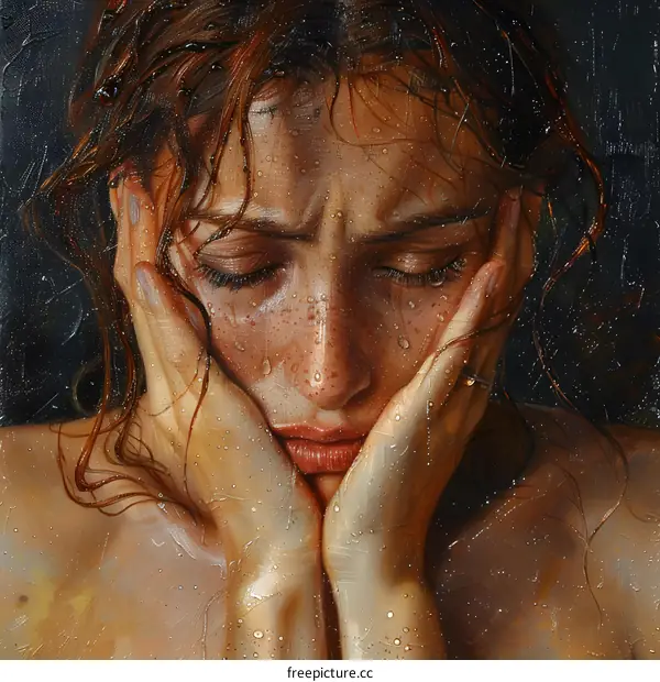 A woman with wet hair and freckles on her face is holding her face in her hands and crying.