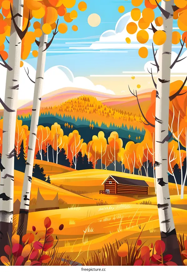 Autumn Landscape with Cabin and Yellow Trees
