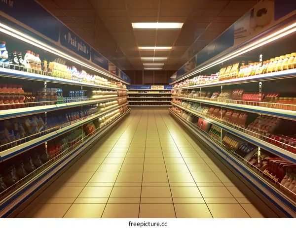 Empty Supermarket Aisle With Shelves Full Of Products