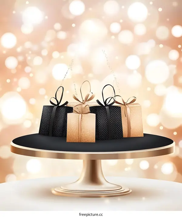 Gold and Black Gift Boxes on Cake Stand with Bokeh Background