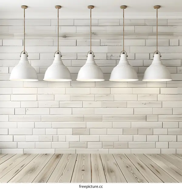 White Brick Wall and Wooden Floor Background with Hanging Lights