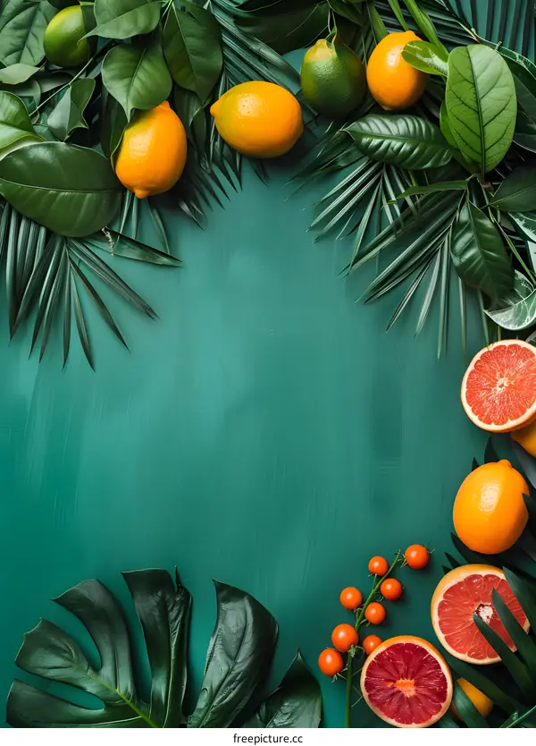 Green Background With Tropical Fruits And Leaves