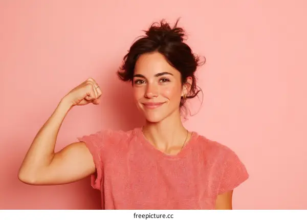 Confident Woman Showing Strength Against Pink Background