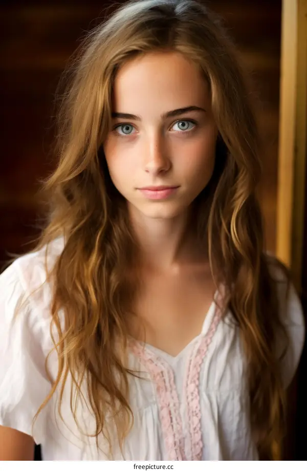 Portrait of a young woman with long brown hair and blue eyes