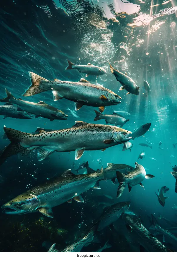 A large school of salmon swim in the ocean