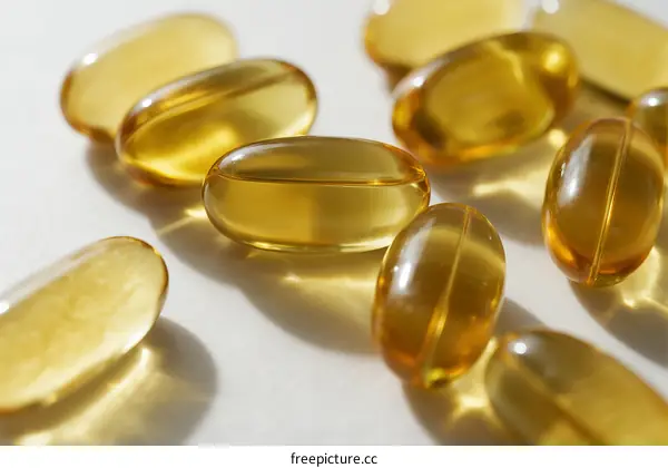 Close-up of yellow fish oil capsules on white background
