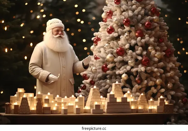 Santa Claus is standing next to a decorated Christmas tree