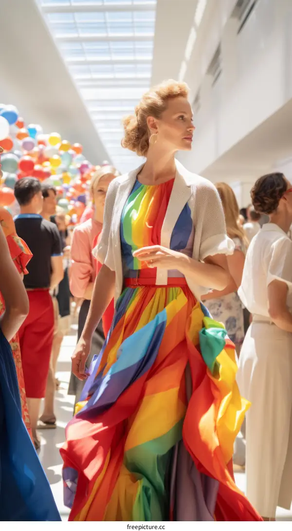Elegant woman in a rainbow dress walking through a crowd of people