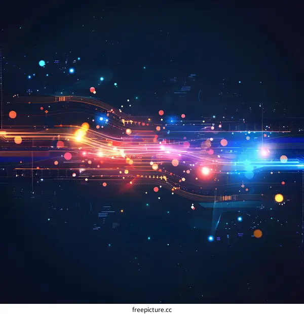 Abstract illustration of glowing blue and orange lines and dots on a black background