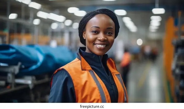 Portrait of a smiling African American woman wearing a hard hat and safety vest in a warehouse.