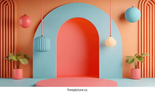 Minimalist Abstract Interior Design with Coral and Blue Color Palette