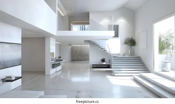 Modern White Interior Design with Stairs and a Glass Railing