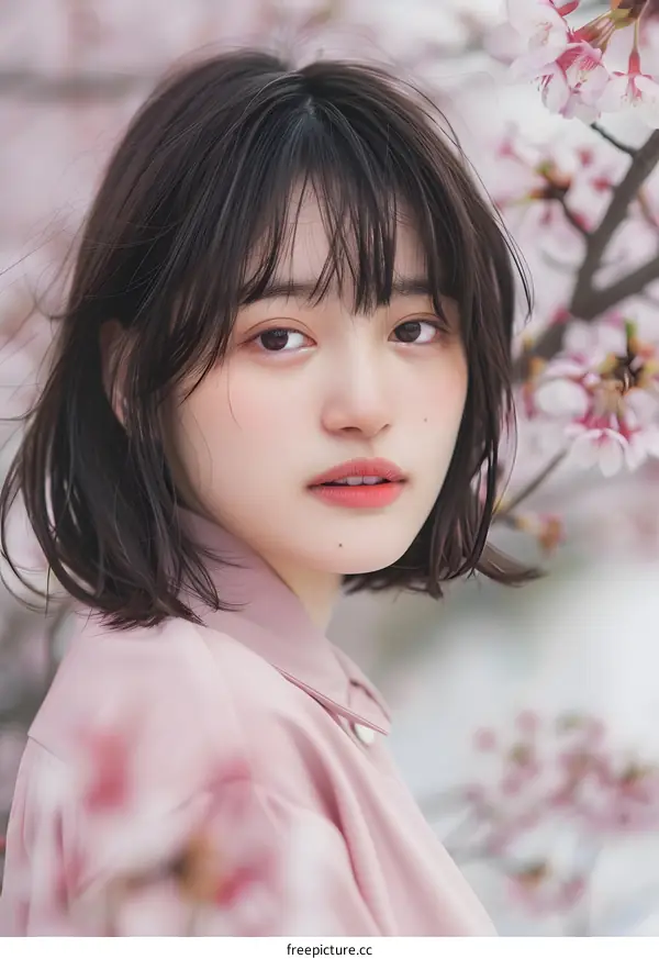 Young Asian Woman in Pink Shirt Posing in Front of Blooming Cherry Blossoms