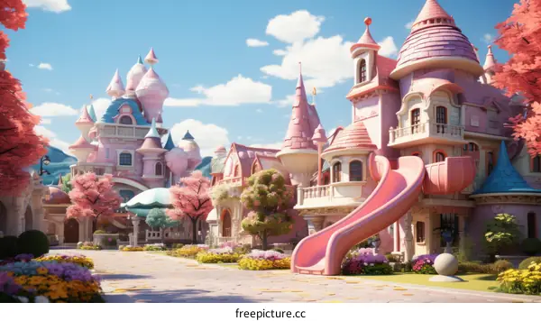 A Whimsical Town with Pink Trees and Houses