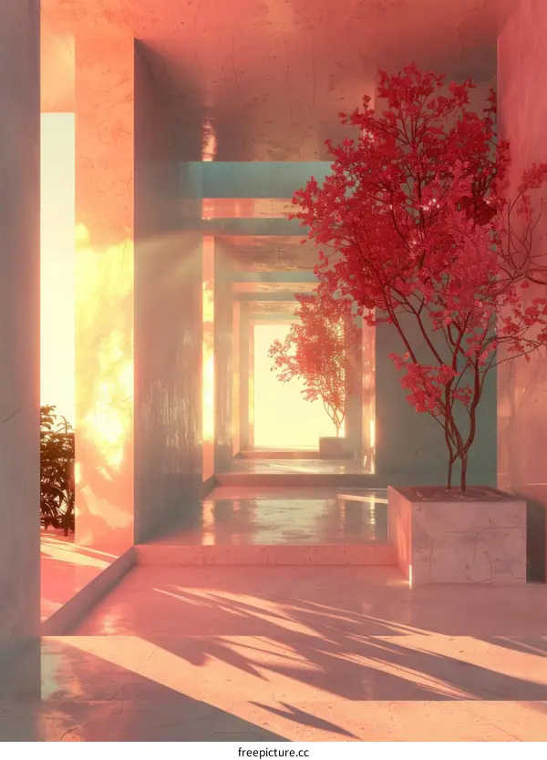 Pink Trees in a Surreal Hallway