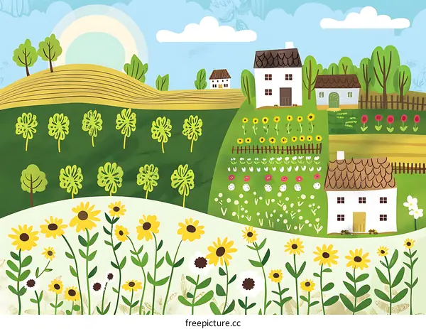 Summer Landscape with Sunflowers and Houses