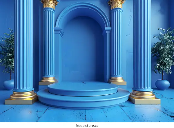 Blue podium with columns and plants