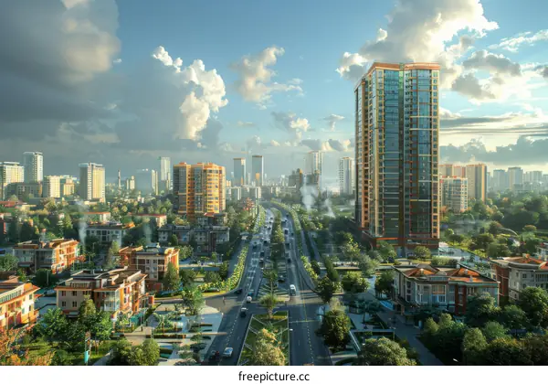 Modern Cityscape with Skyscrapers and Lush Greenery