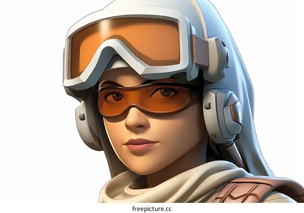 Illustration of a female soldier in a white and brown combat helmet and goggles