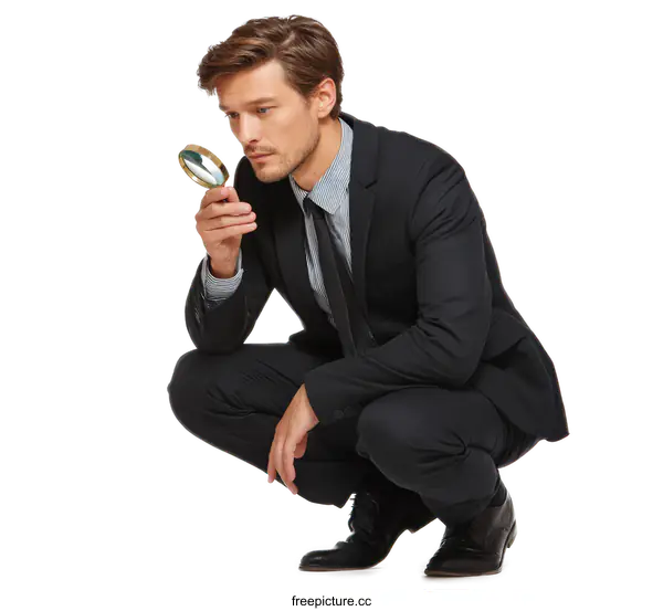 [Transparent Background PNG]Businessman Examining with Magnifying Glass