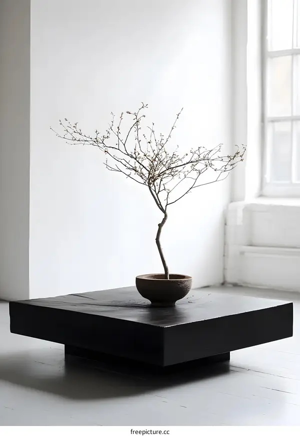 Minimalist Interior Design with Branch in Brown Pot on Wooden Coffee Table