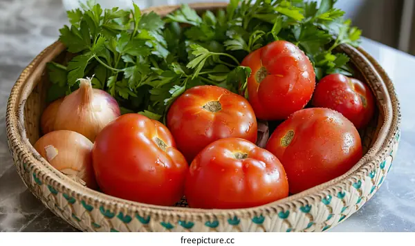Still life of tomatoes, onion and parsley in a basket