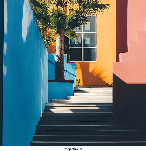Palm Tree and Colorful Walls with Stairs