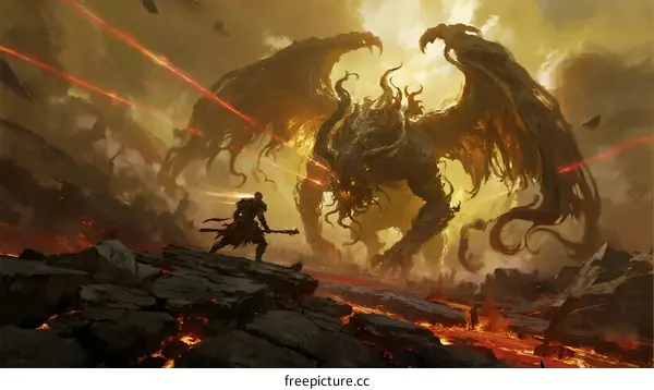 Epic battle between dark warrior and huge demonic dragon in fiery landscape