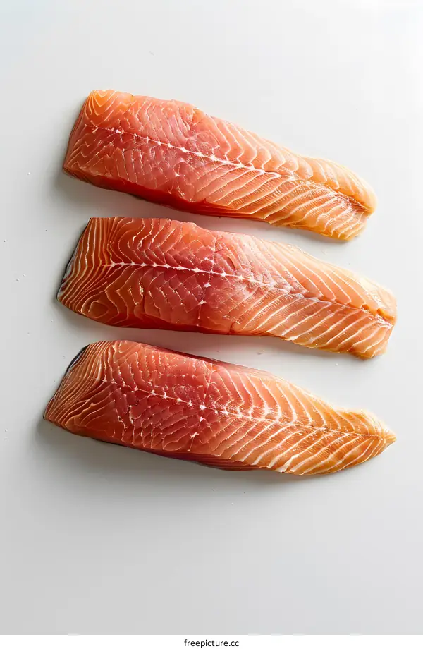 Three pieces of raw salmon fillet on a white background