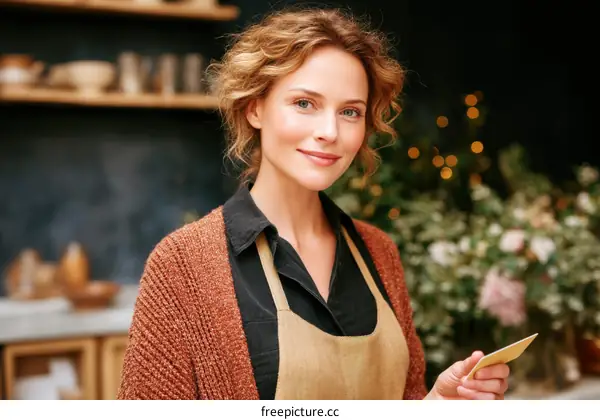 Female Shopkeeper Holding Credit Card in a Floral Shop