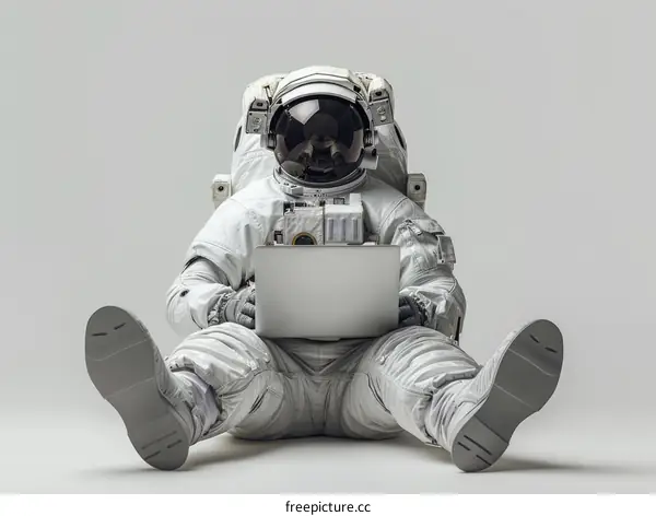 Astronaut Using Laptop While Sitting on Floor