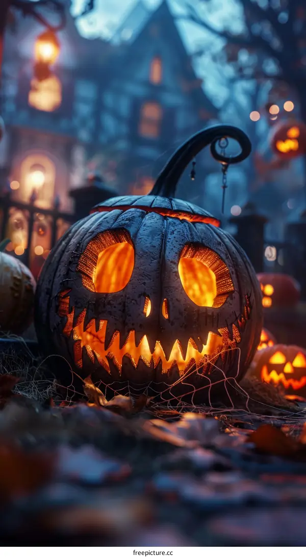 Spooky Halloween Pumpkin with Carved Jack-o'-Lantern Face