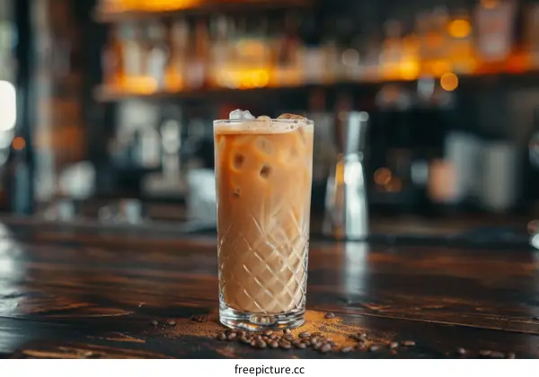 Iced coffee in a glass on a bar counter
