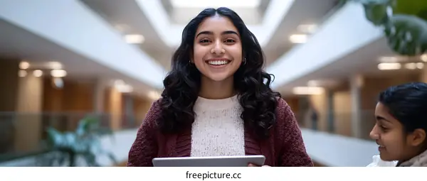 Smiling Indian Woman Student Holding a Tablet in College Building