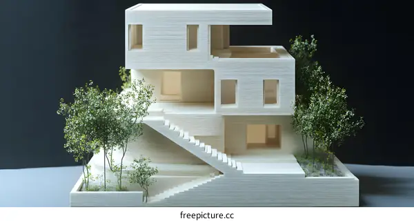 Modern Architecture House Model with Trees and Stairs