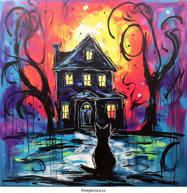Haunted House with Black Cat and Glowing Moon