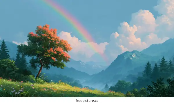 A Peaceful Mountain Landscape with Rainbow