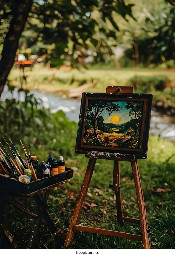 Landscape Painting on Easel in Nature