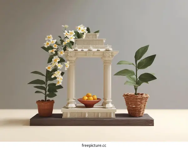Small Decorative Hindu Temple Structure with Flowers and Plants