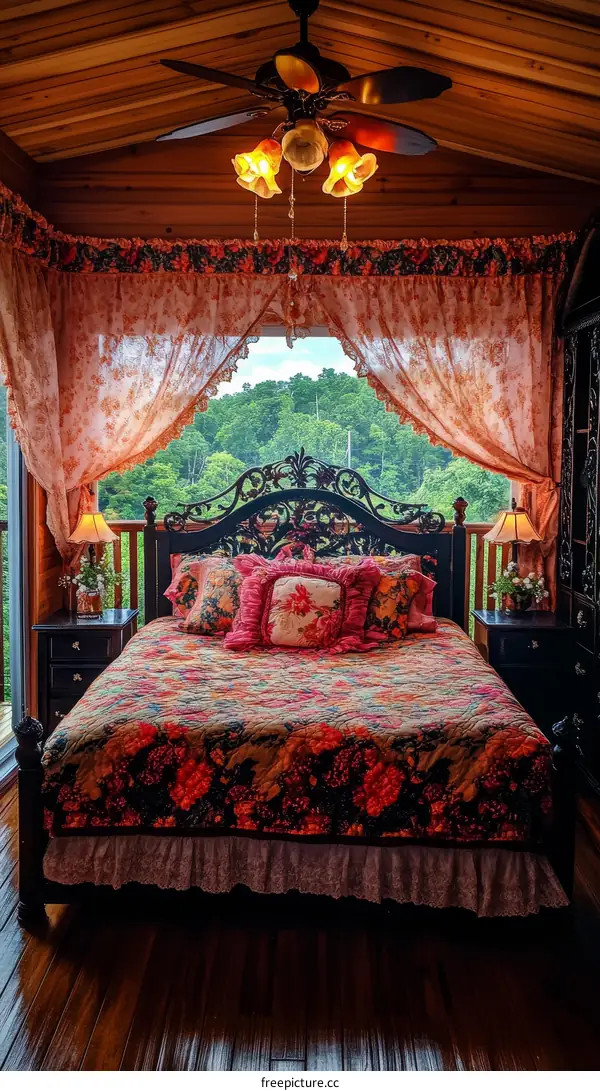 Rustic Wooden Cabin Bedroom with Floral Bedding