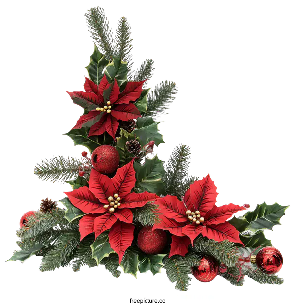 [Transparent Background PNG]Christmas Corner Decoration with Poinsettia and Ornaments