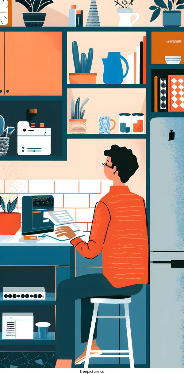 Man Working at Home Office with Printer